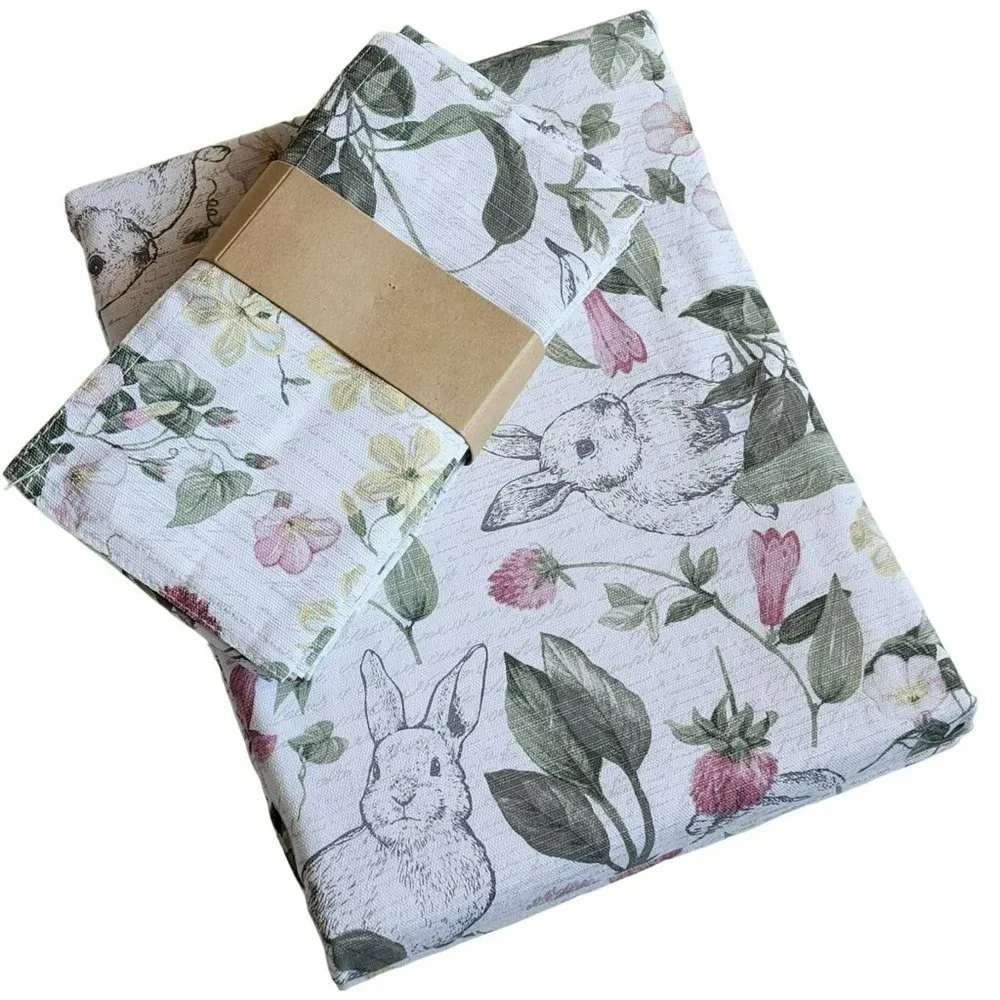 70in Round Cotton Tablecloth And Napkins With Printed Bunnies And Flowers Set - Picture 1 of 16